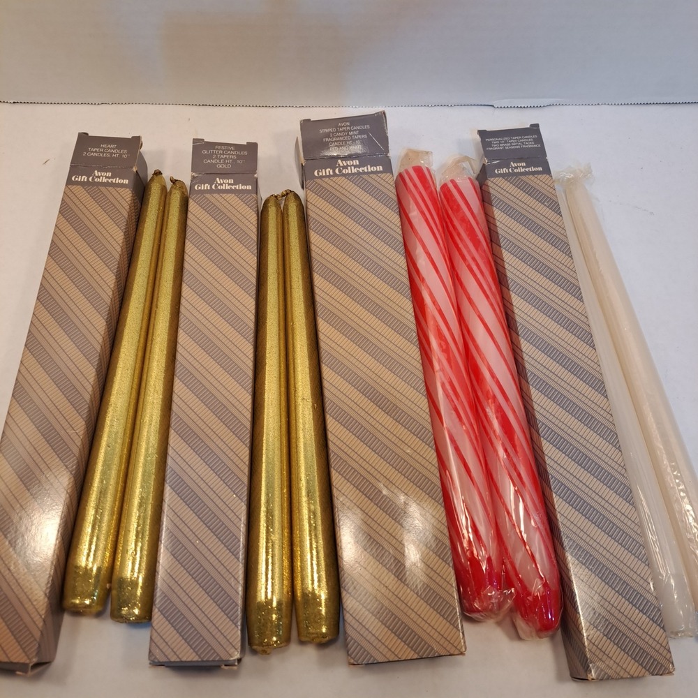Vintage Avon Lot Of  8, 12 inch Holiday Taper Candles Gold, Candy Cane, White